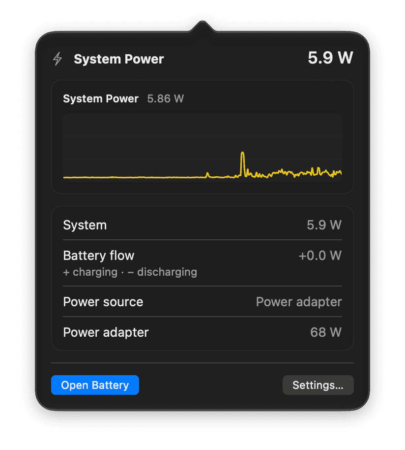 Popover příkonu v liště macOS: příkon systému, tok baterie, zdroj napájení a adaptér.