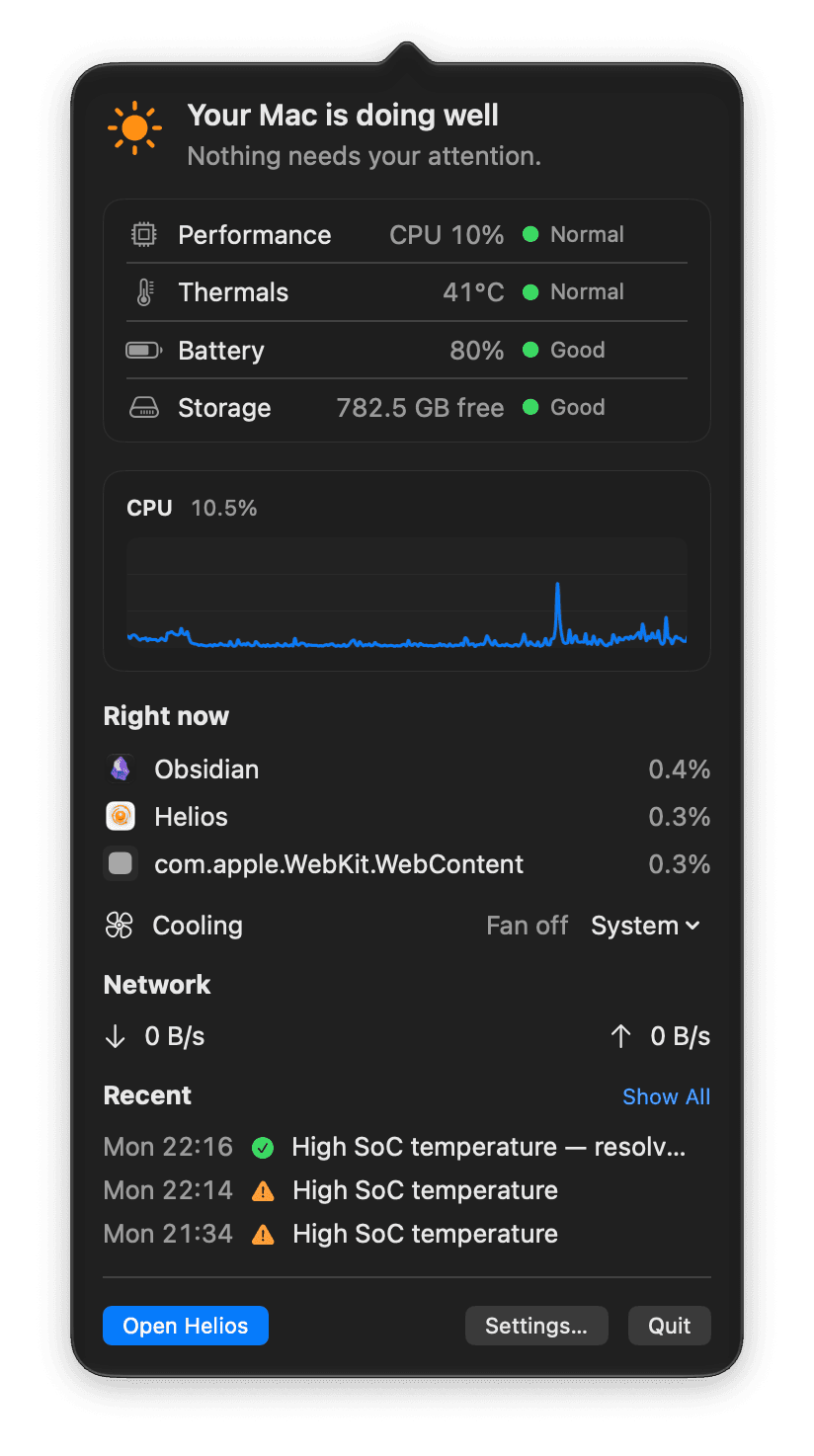Popover Heliosu, který se otevře z horní lišty macOS: zda je Mac v pořádku, se stavem výkonu, teploty, baterie a úložiště.